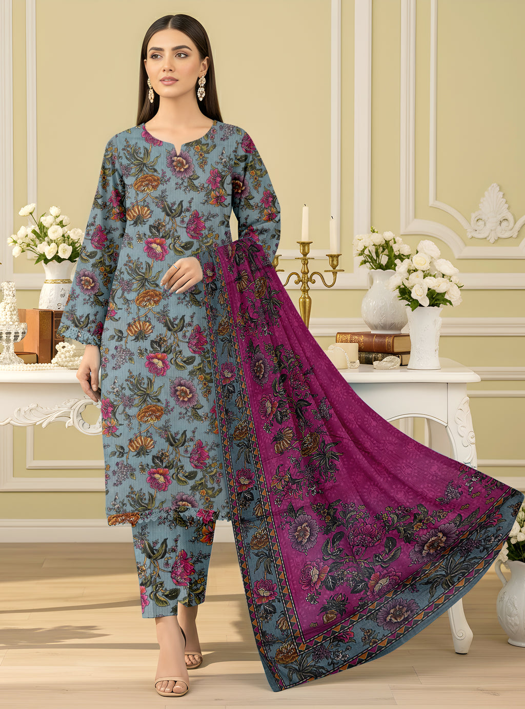 3 Piece - Printed Bana Dora Lawn Suit