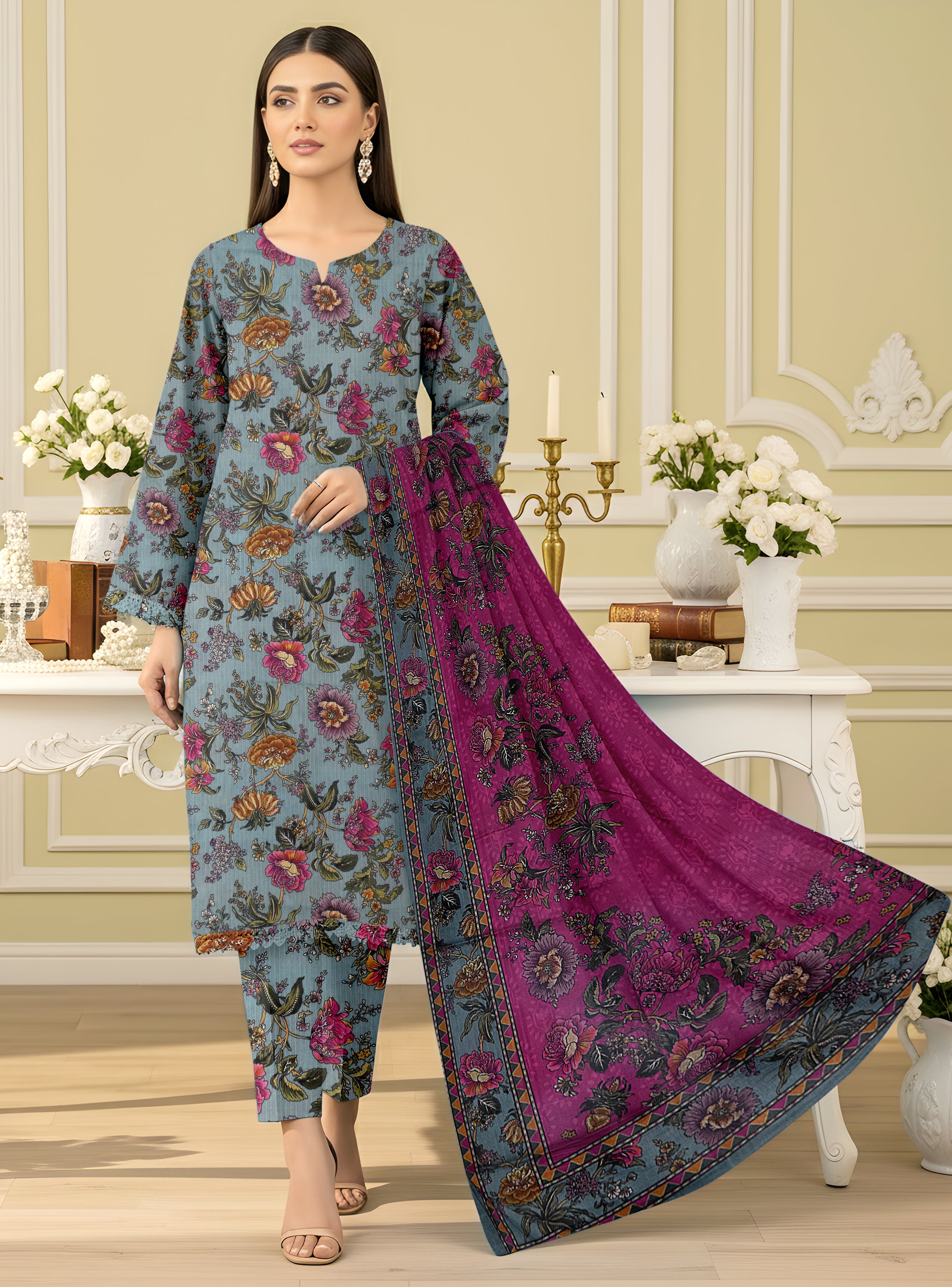 3 Piece - Printed Bana Dora Lawn Suit