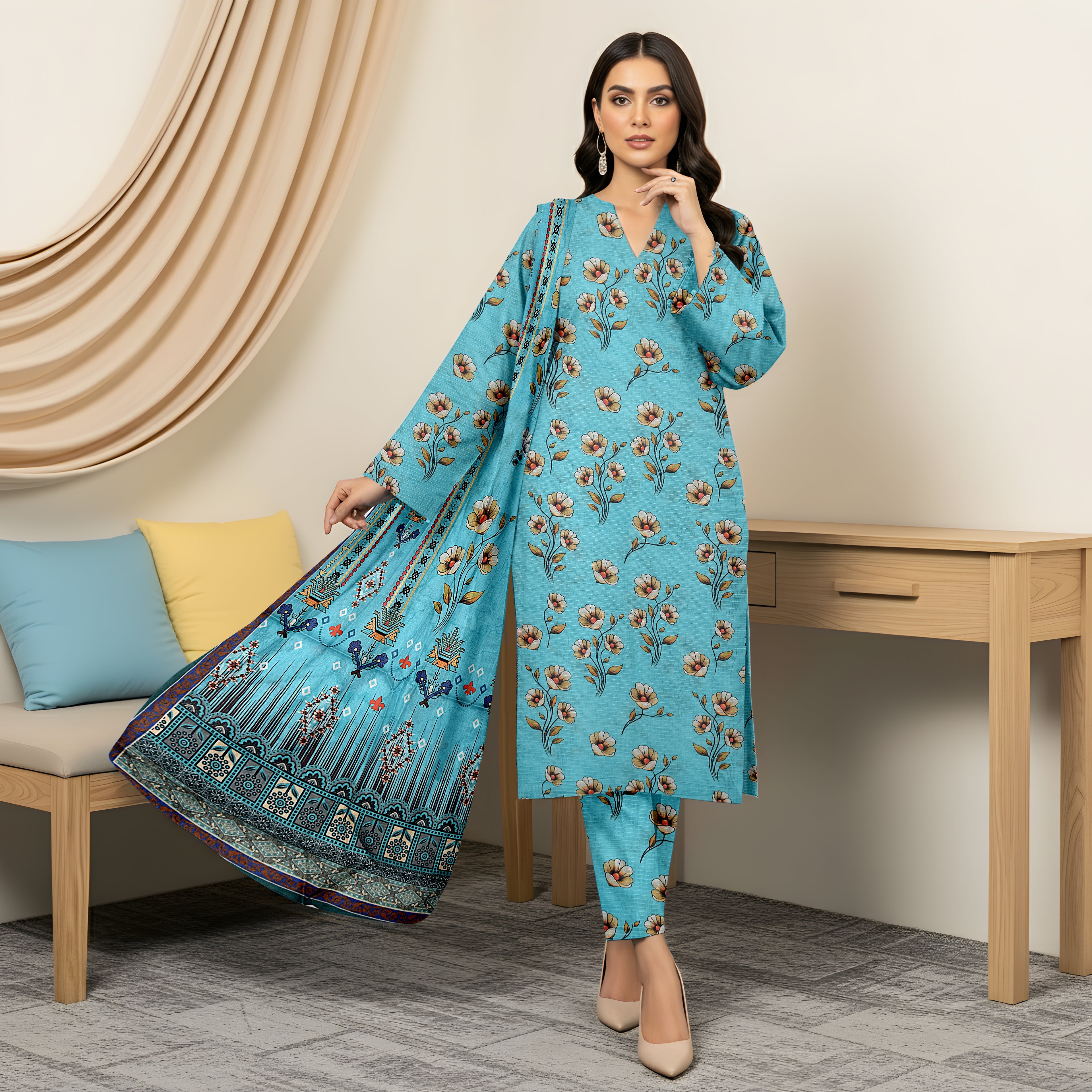 3 Piece - Printed Bana Dora Lawn Suit