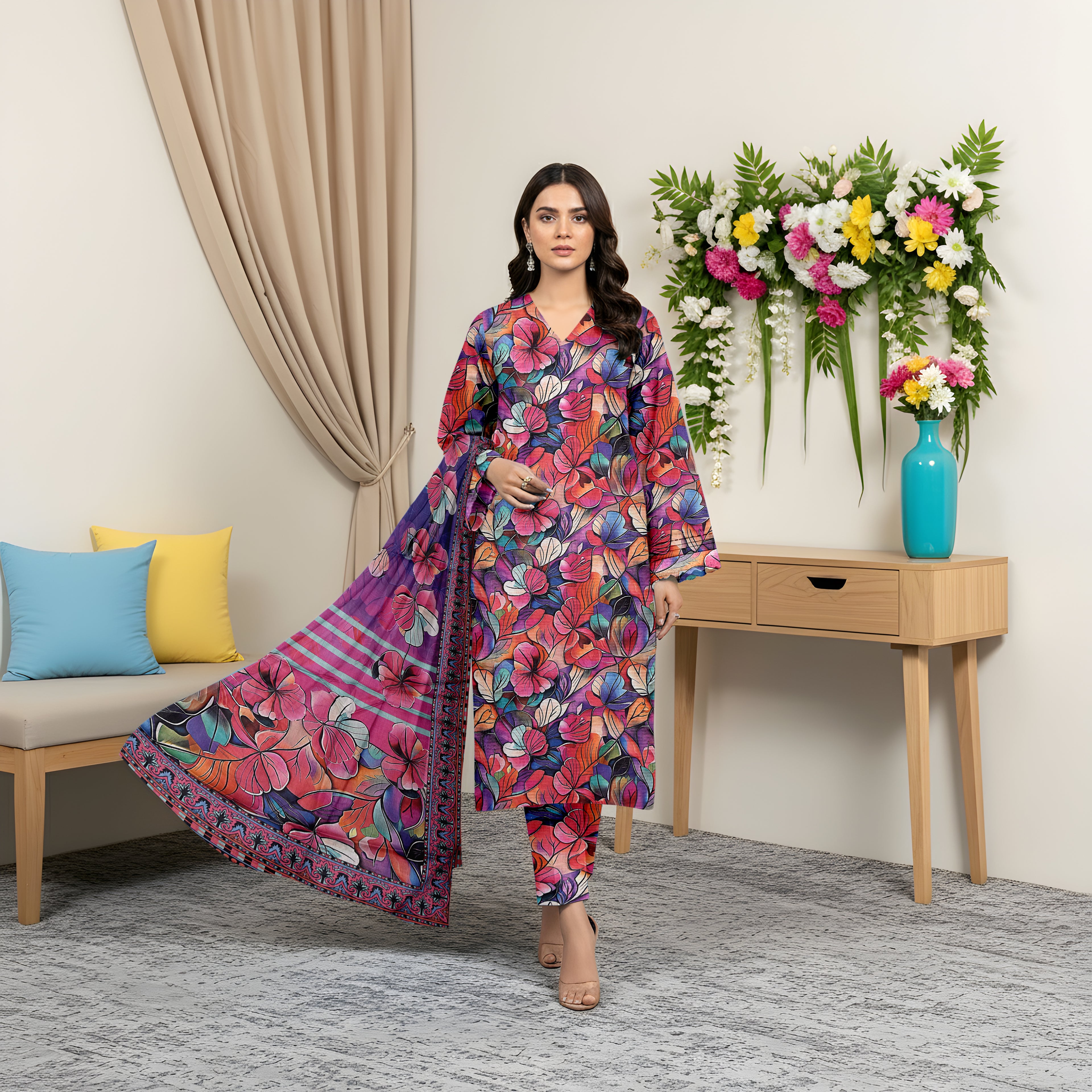 3 Piece - Printed Bana Dora Lawn Suit
