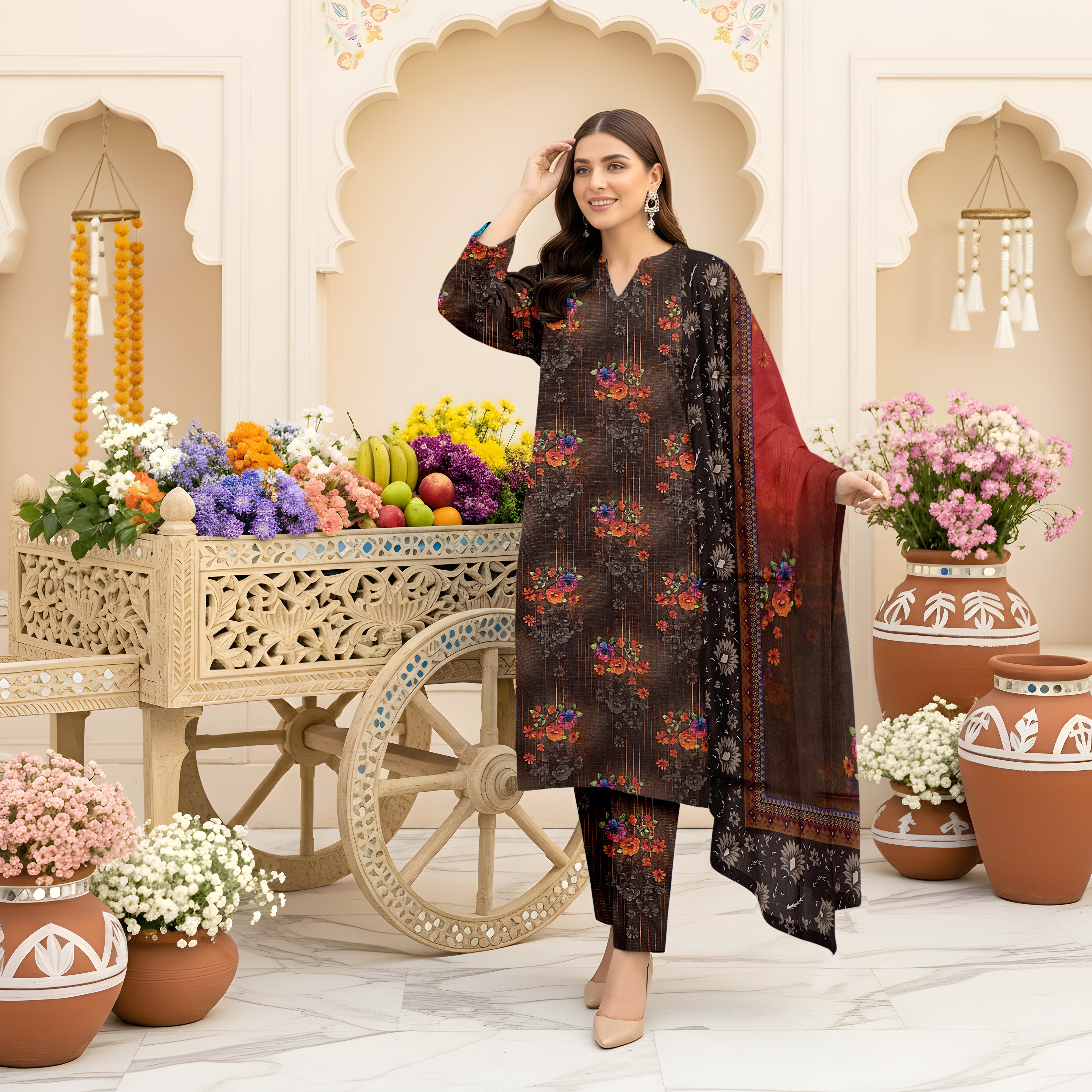3 Piece - Printed Bana Dora Lawn Suit