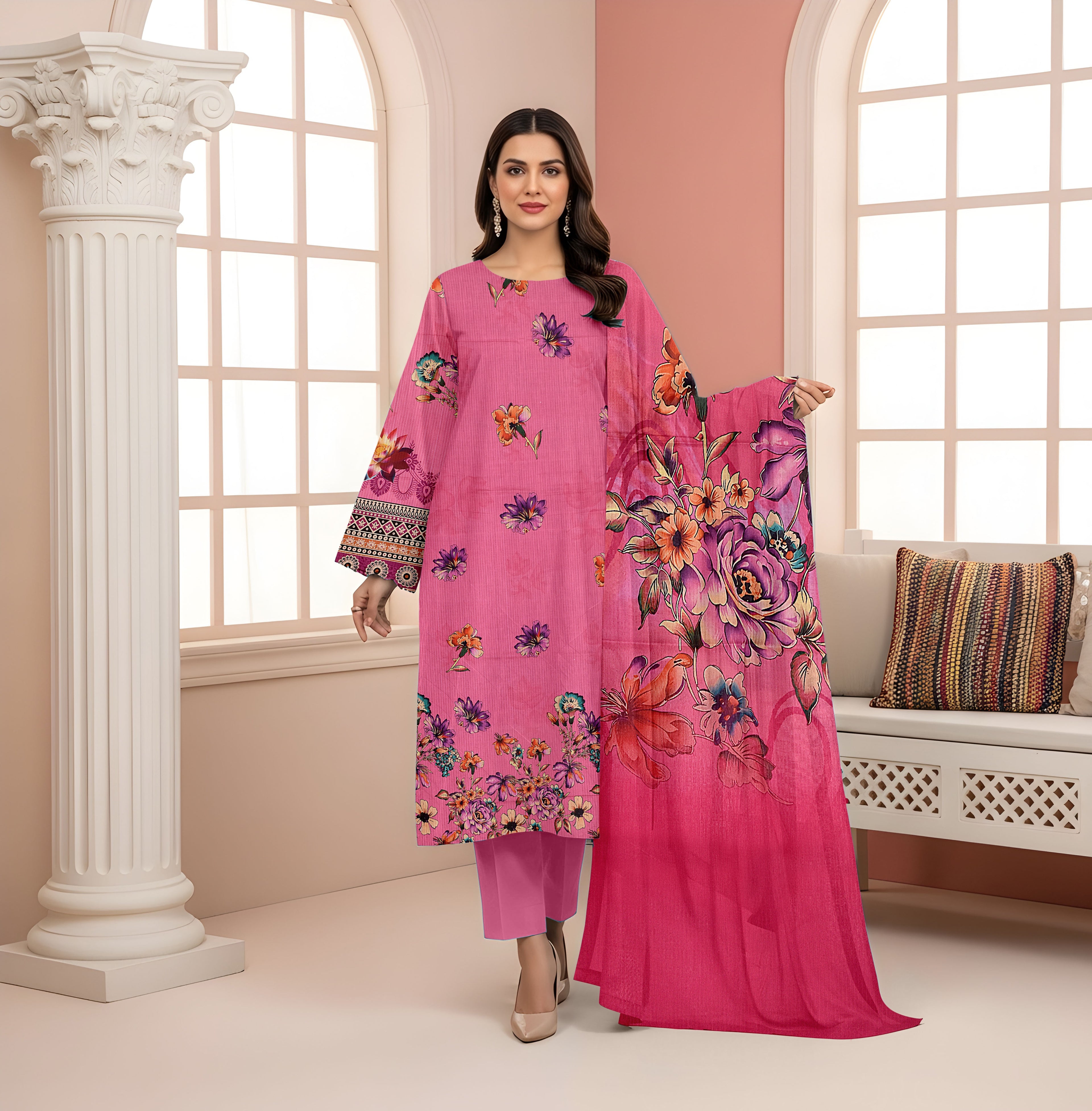 3 Piece - Printed Bana Dora Lawn Suit